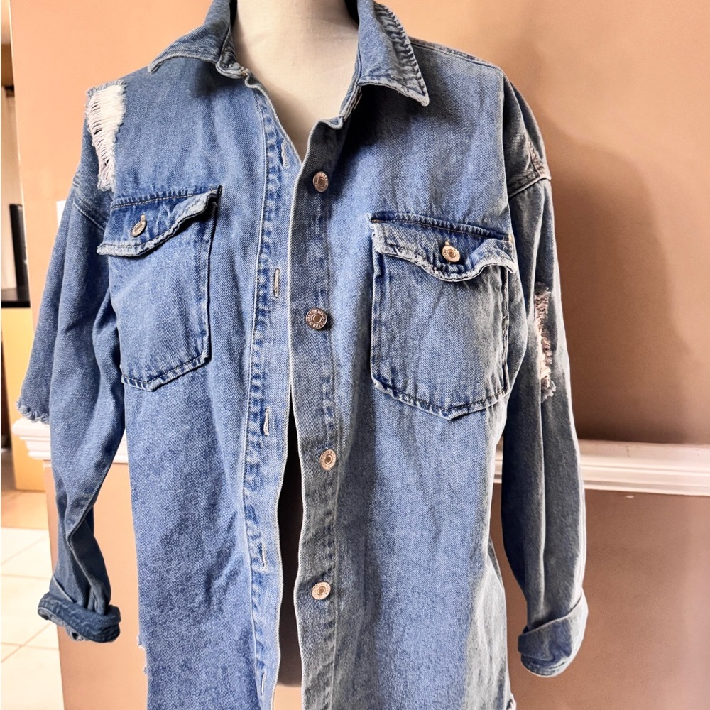 Distressed Denim Jacket M - image 1